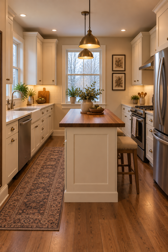 Narrow kitchen island with warm cream cabinetry, a light countertop, and clear surrounding walkways.