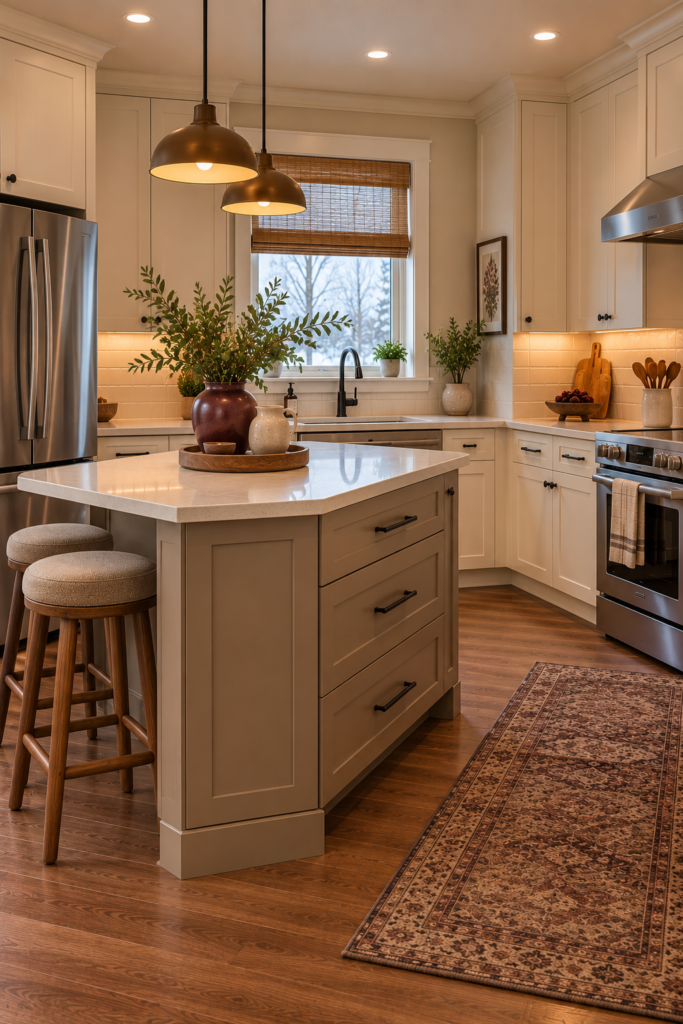 Compact kitchen island with shallow and deep drawers for utensils, towels, and everyday cooking tools.