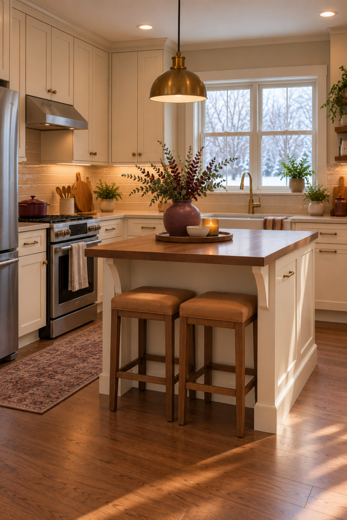Small kitchen island with two backless stools tucked beneath a supported countertop overhang.