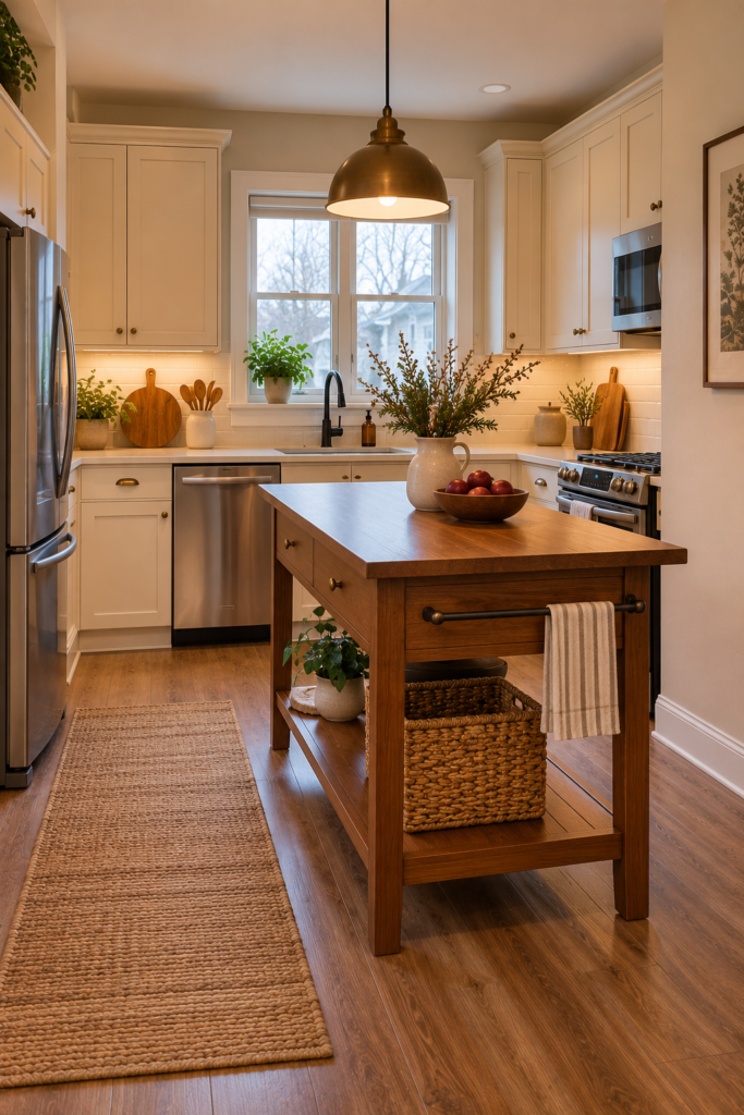Freestanding walnut furniture-style kitchen island with a durable worktop and practical storage.