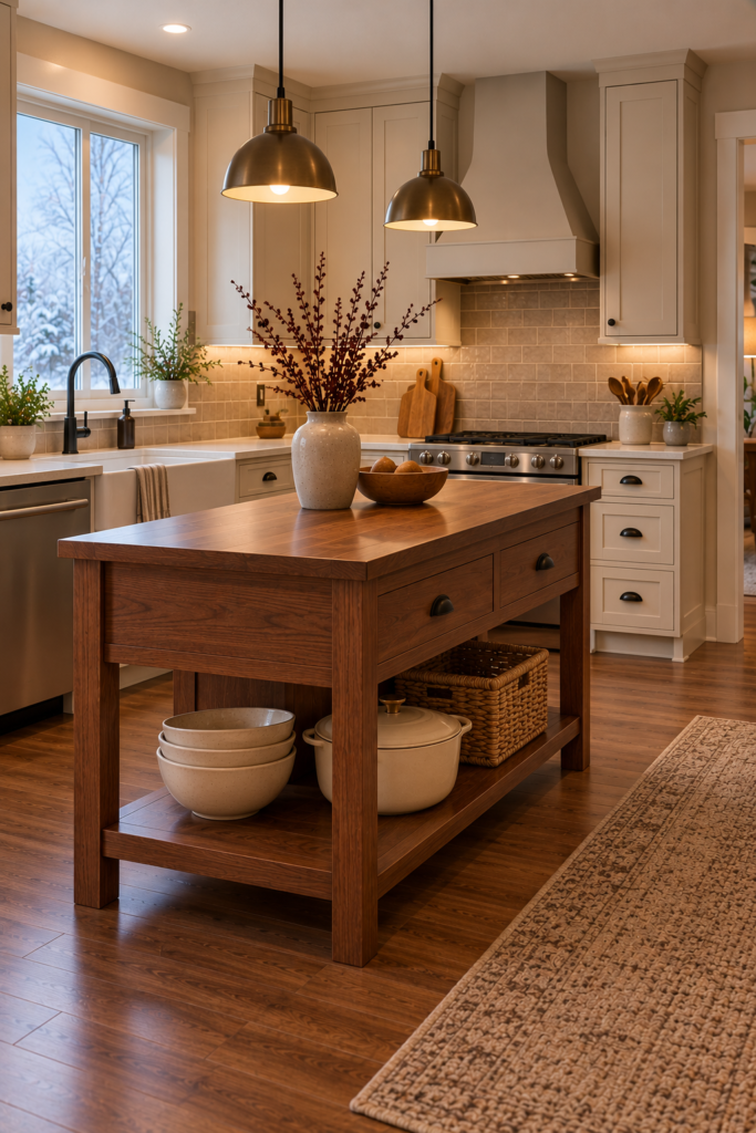 Compact kitchen island with open lower shelving holding a few bowls and everyday kitchen items.