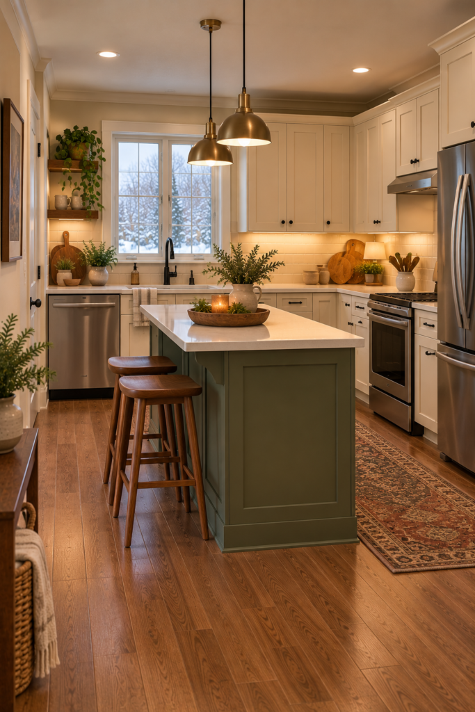 Small muted olive kitchen island with a light countertop, cream cabinetry, and walnut accents.