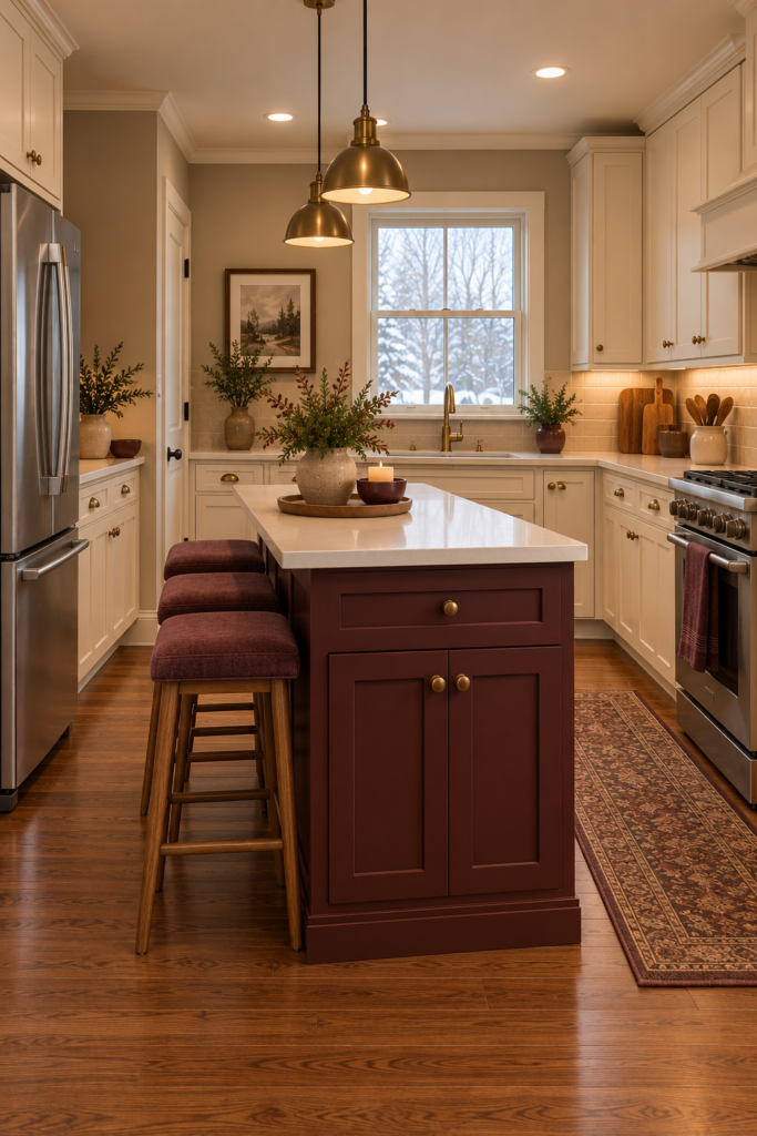 Deep burgundy kitchen island paired with cream cabinets, mushroom walls, and a light countertop.