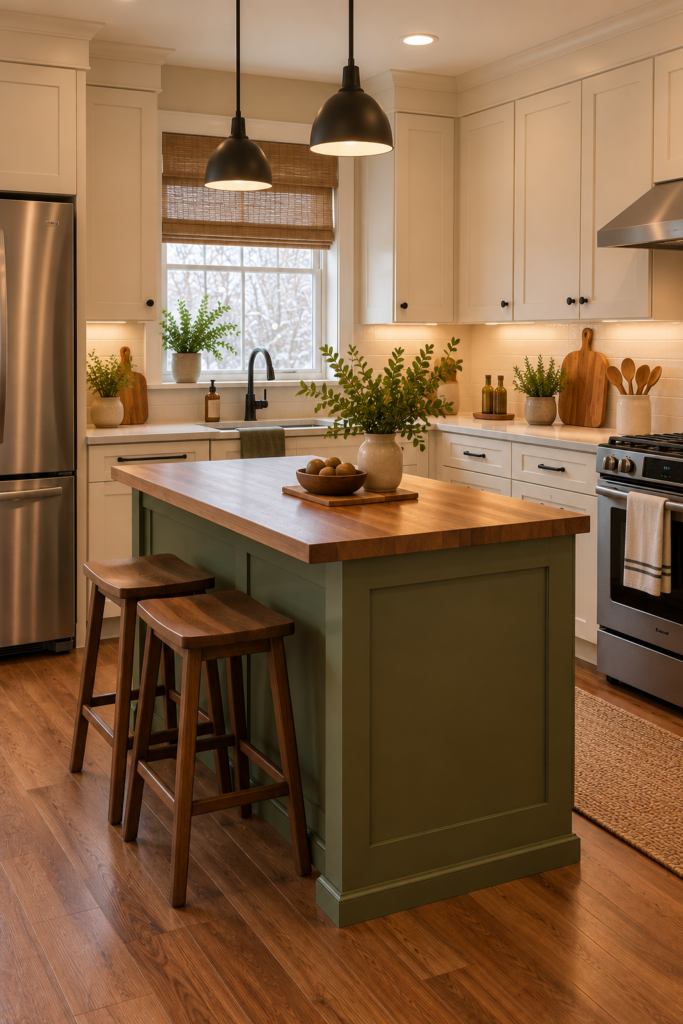 Small butcher-block-style kitchen island with a natural wood worktop and cream or olive base.