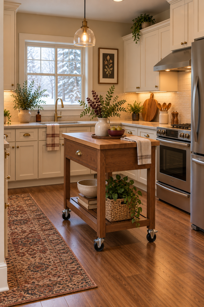 Movable kitchen island cart with a sturdy worktop, storage shelves, and locking casters.