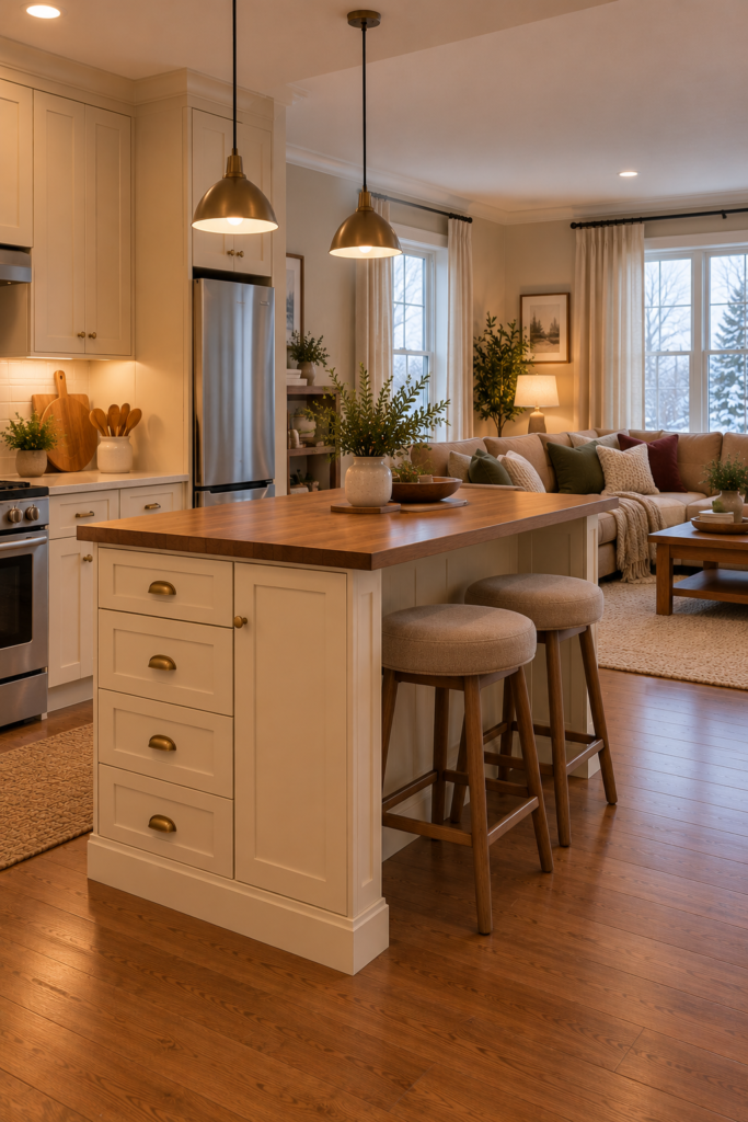 Compact kitchen island defining an open-plan kitchen and living area without a full wall.