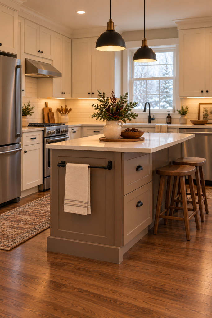 Small kitchen island with a securely attached towel bar and practical drawer storage.