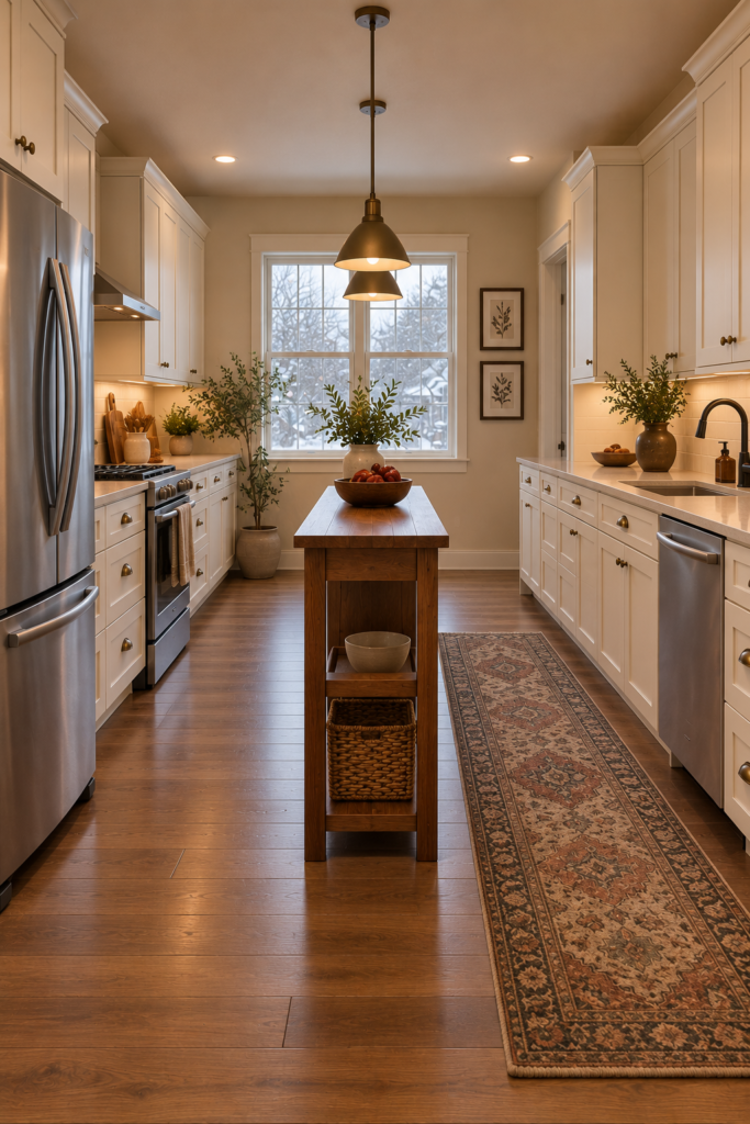 Narrow island or movable cart in a galley kitchen with clear appliance access and circulation space.