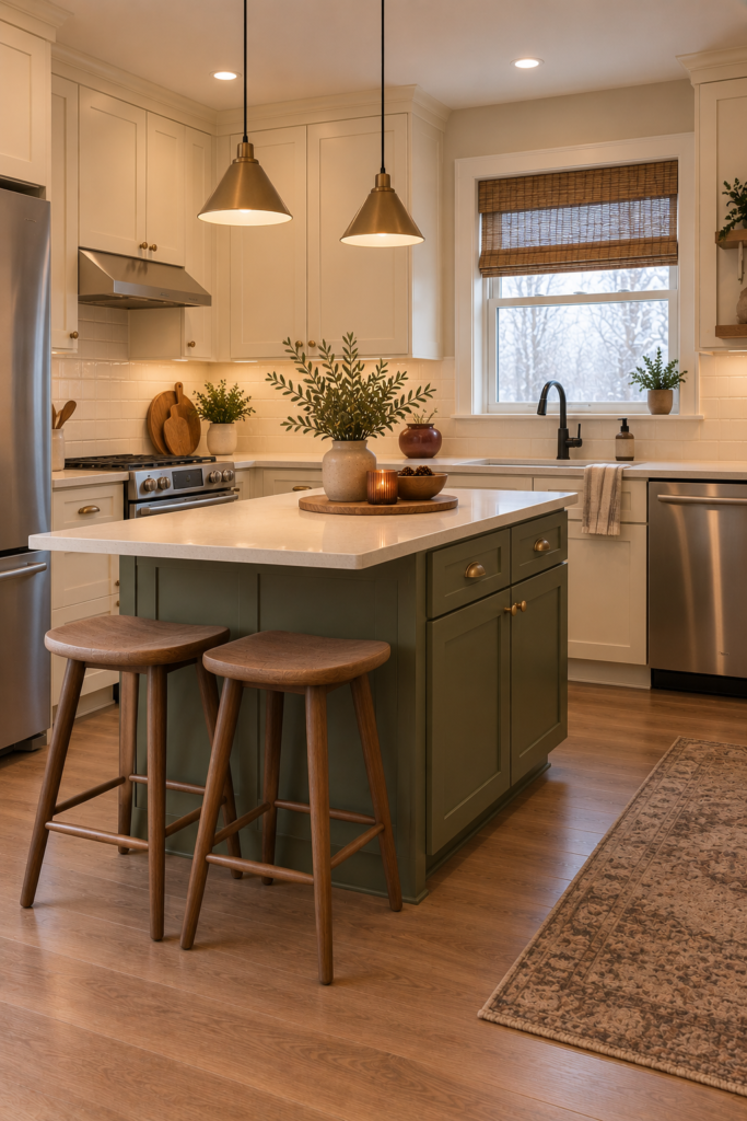 Multifunctional small kitchen island with drawers, a cabinet, a supported seating overhang, and two compact stools.
