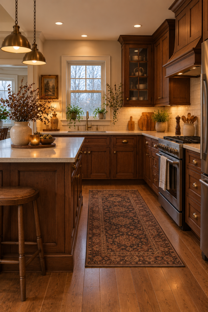 Antique-inspired kitchen with warm walnut cabinets, traditional cabinet profiles, and aged-brass-style hardware.