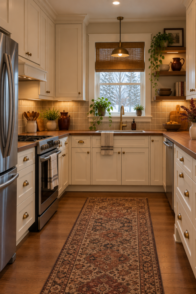 Warm cream kitchen cabinets with traditional doors, brass-style knobs, and walnut accents.