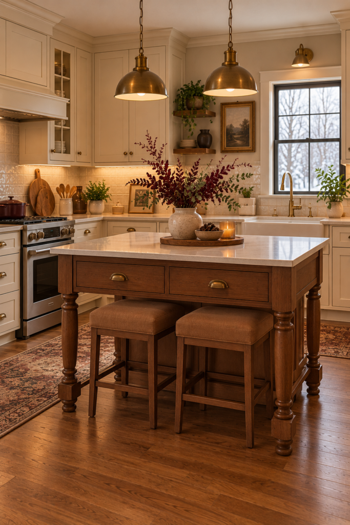 Furniture-style kitchen island with traditional legs, a walnut finish, and coordinating classic cabinetry.