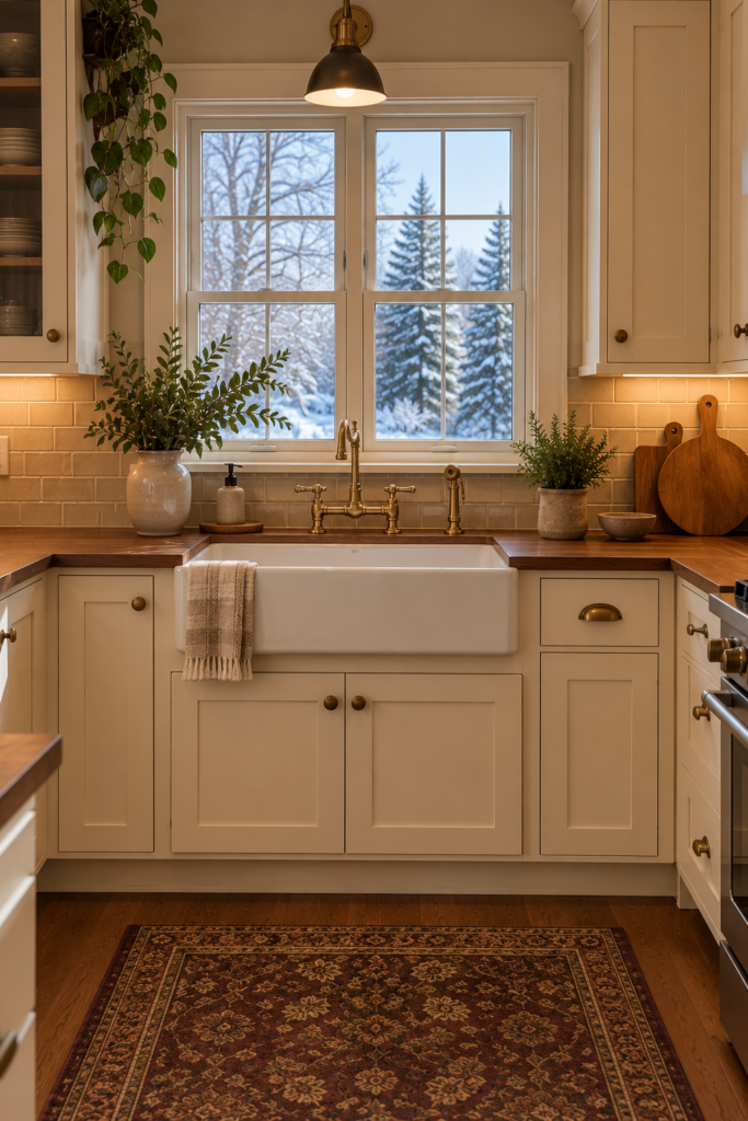 Farmhouse-style apron-front kitchen sink with traditional cabinetry and a classic-looking faucet.