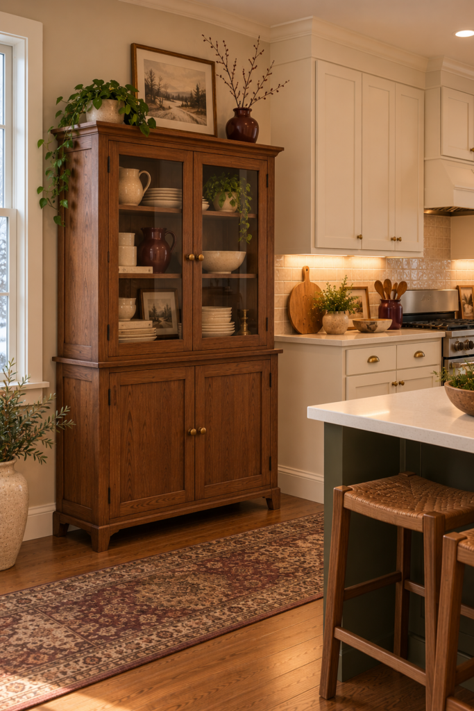 Freestanding walnut antique-style cupboard displaying dinnerware, linens, and serving pieces.