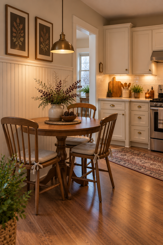 Traditional beadboard wall paneling in warm cream or muted olive in a kitchen breakfast nook.