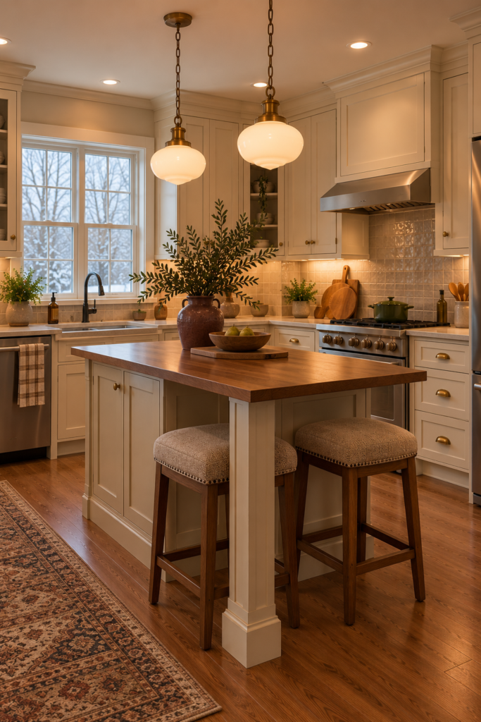Vintage-inspired kitchen lighting with aged-brass-style pendants and milk-glass-inspired shades.