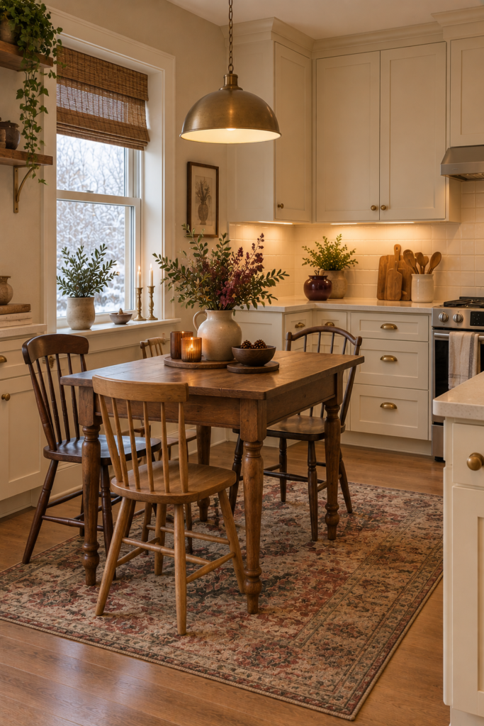 Small wooden kitchen table with coordinated traditional chairs in a warm antique-inspired kitchen.