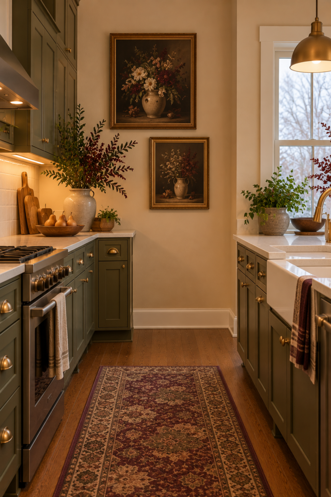 Vintage-inspired botanical artwork in a wood frame on a dry kitchen wall.