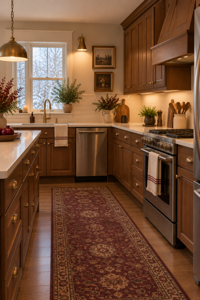 Traditional wood kitchen cabinetry paired with modern countertops, appliances, and vintage-inspired hardware.