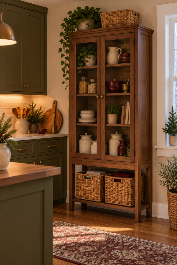 Antique-inspired pantry corner with a freestanding cupboard, woven baskets, ceramic vessels, and warm wood.