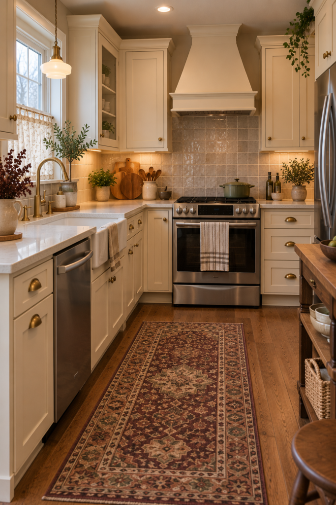 Vintage cottage kitchen with warm cream shaker cabinets, traditional knobs, and natural wood accents.