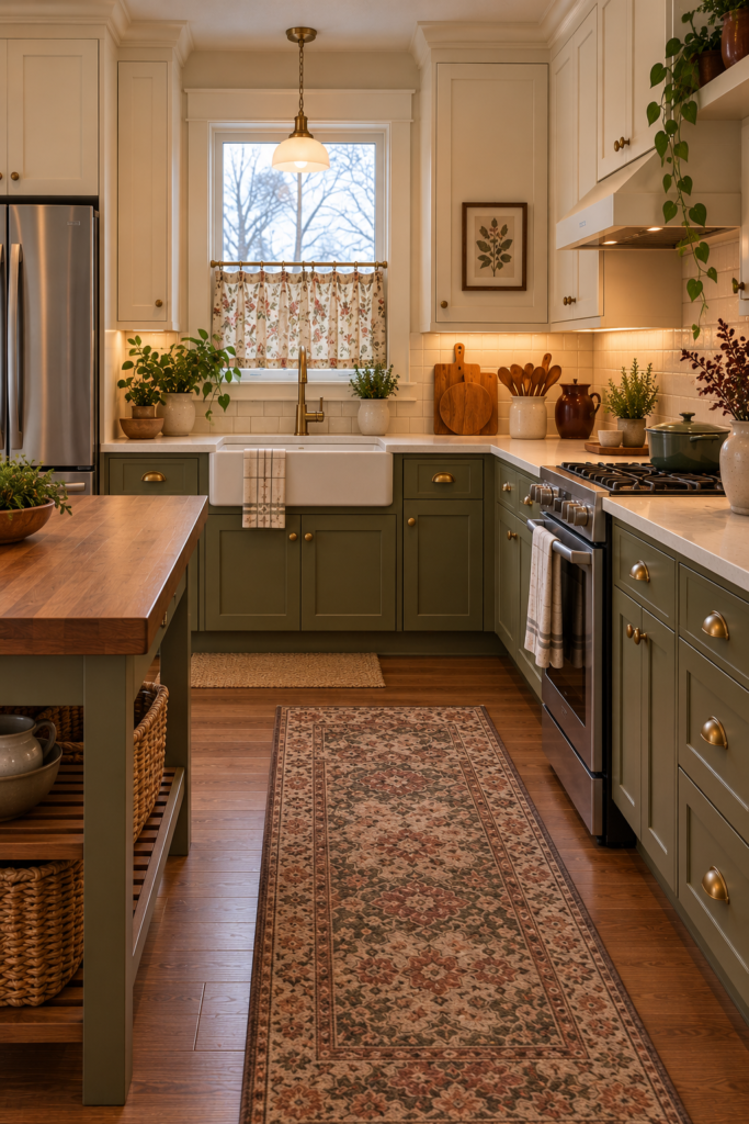 Cottage kitchen with muted olive lower cabinets, cream upper cabinets, walnut accents, and aged-brass-style hardware.