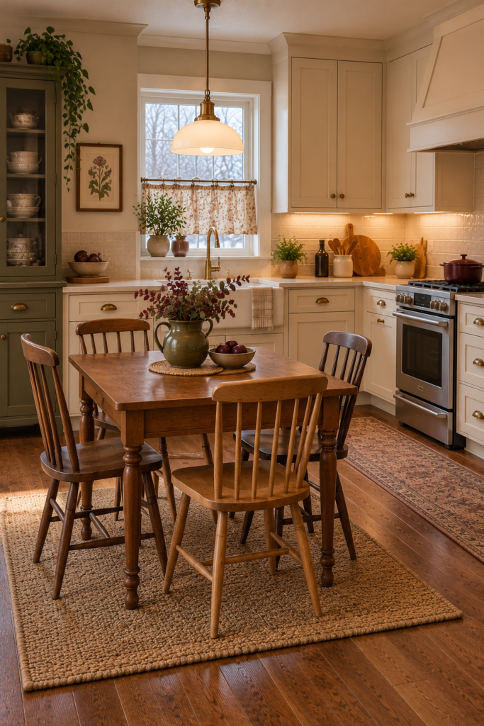Small walnut kitchen table with simple wooden chairs in a cozy cottage-style kitchen.