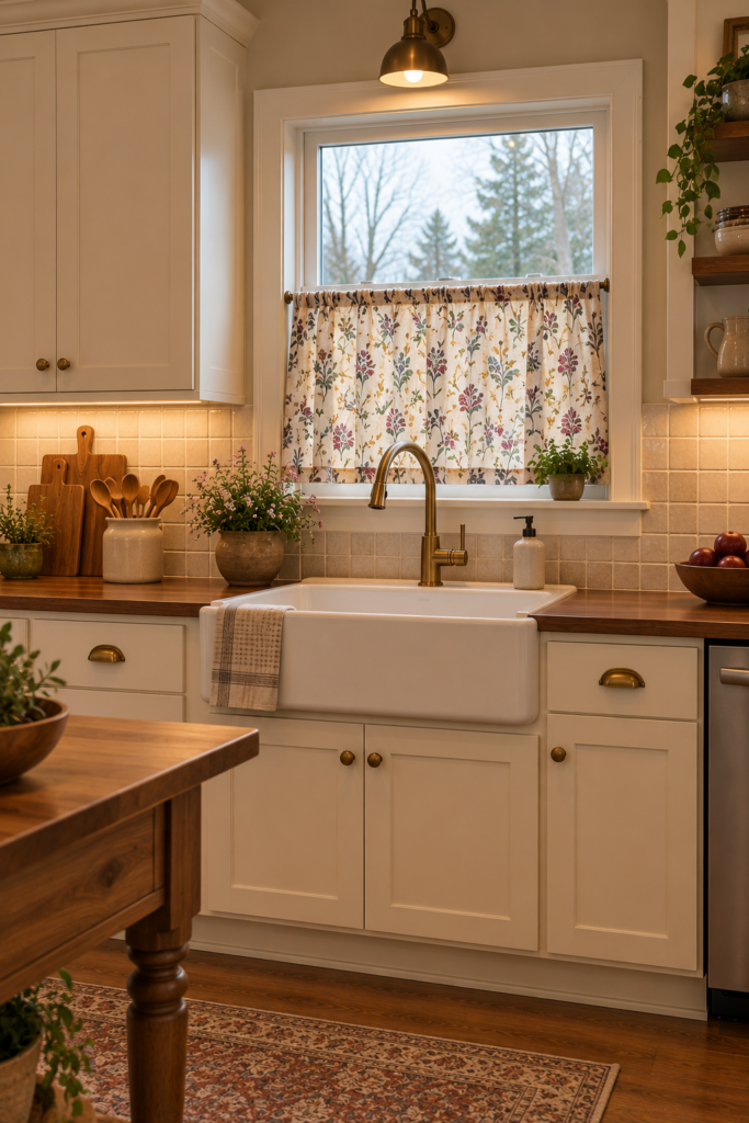 Vintage-inspired floral café curtain above a kitchen sink with cream cabinetry and muted earthy colors.