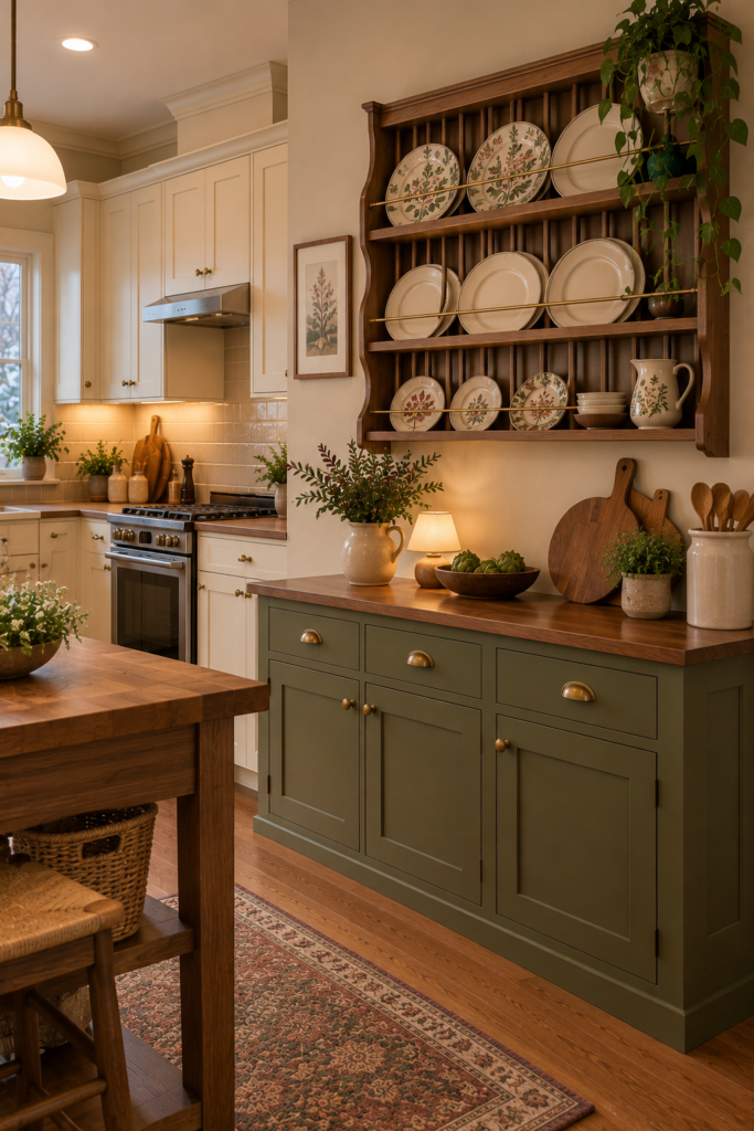Traditional wooden plate rack displaying everyday dishes against warm cream kitchen cabinetry.