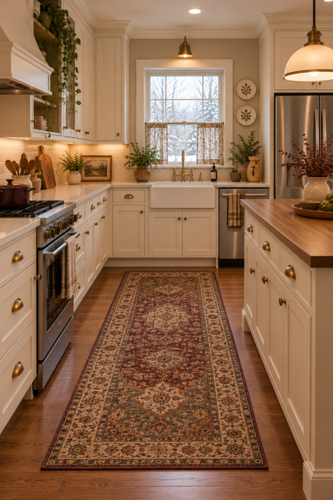 Faded patterned kitchen runner in muted burgundy, olive, mushroom, and cream along a clear walkway.