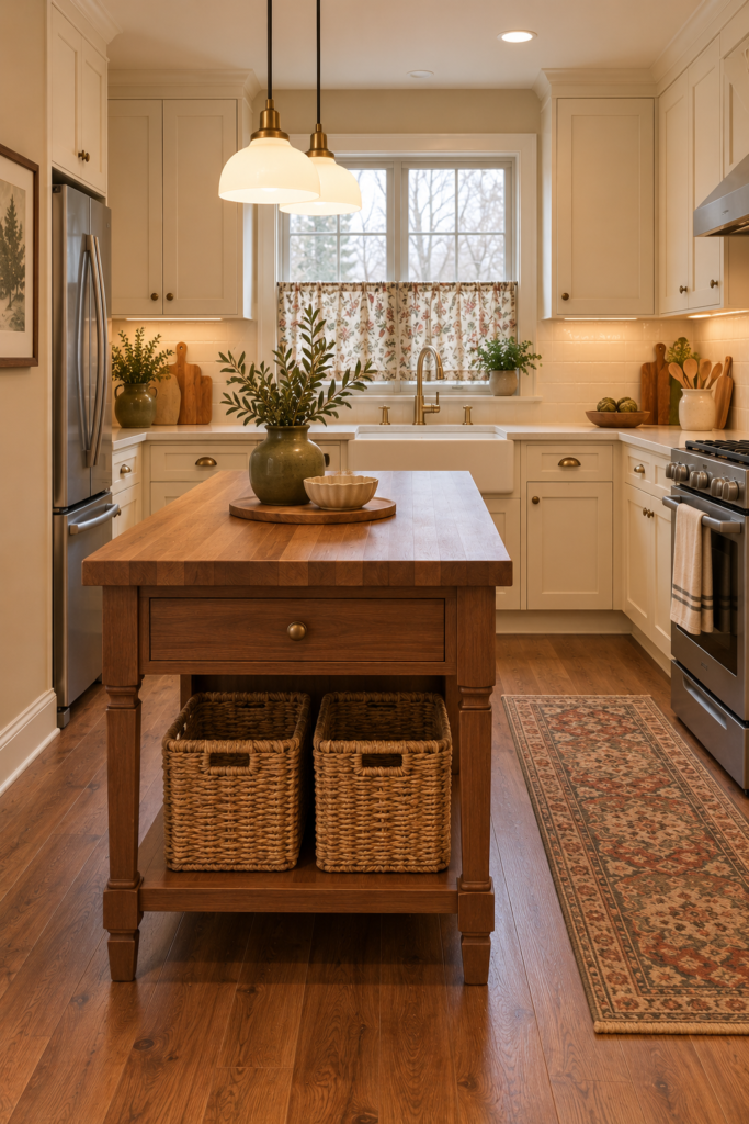 Natural wicker baskets holding clean kitchen linens on an open shelf in a cottage kitchen.