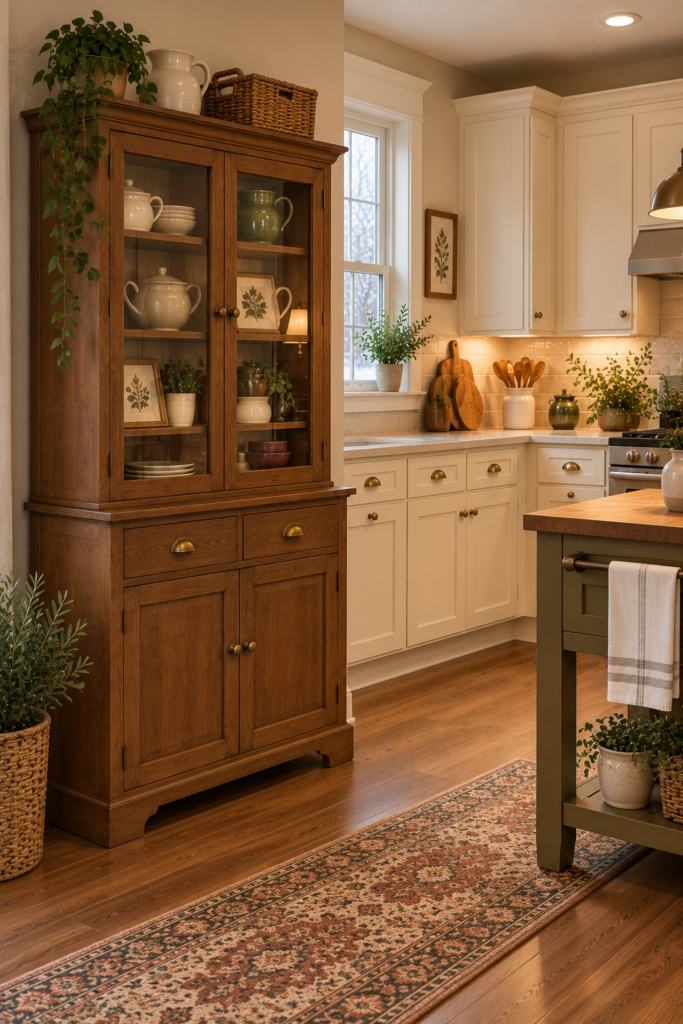 Freestanding walnut cottage cupboard with shelves for dinnerware, linens, and kitchen accessories.