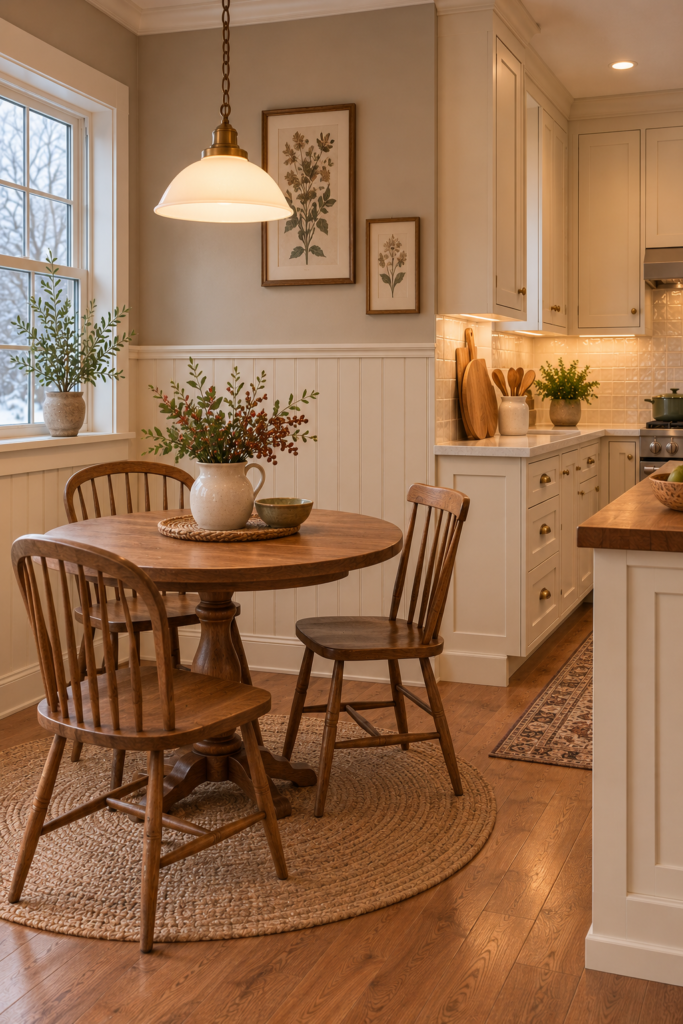 Warm cream beadboard paneling in a cottage breakfast nook with a small wooden table.