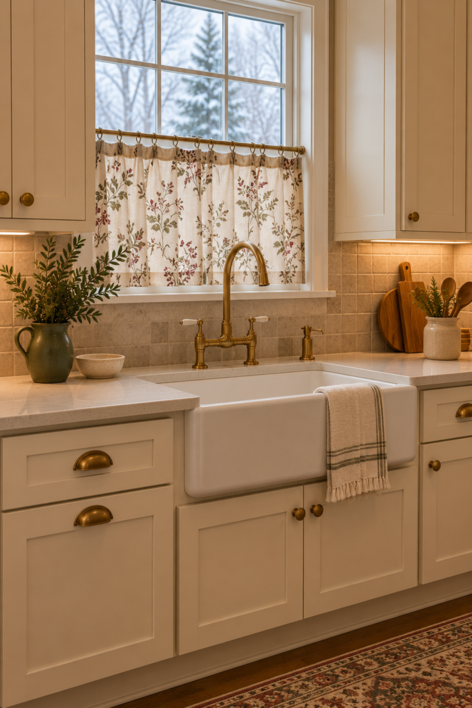 Traditional cottage kitchen sink with a warm metal faucet, simple ceramic vessel, and floral café curtain.