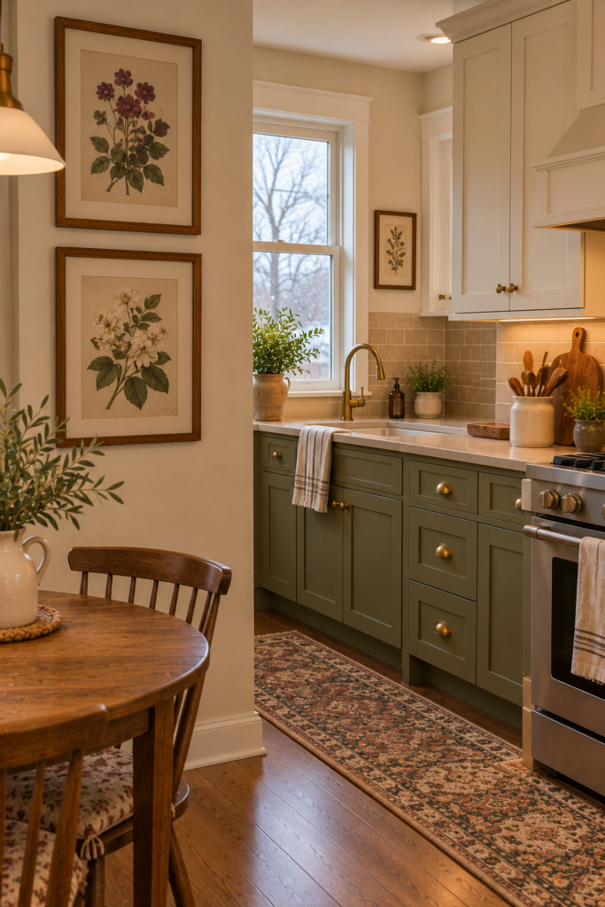 Vintage-inspired botanical print in a warm wood frame on a dry kitchen wall.