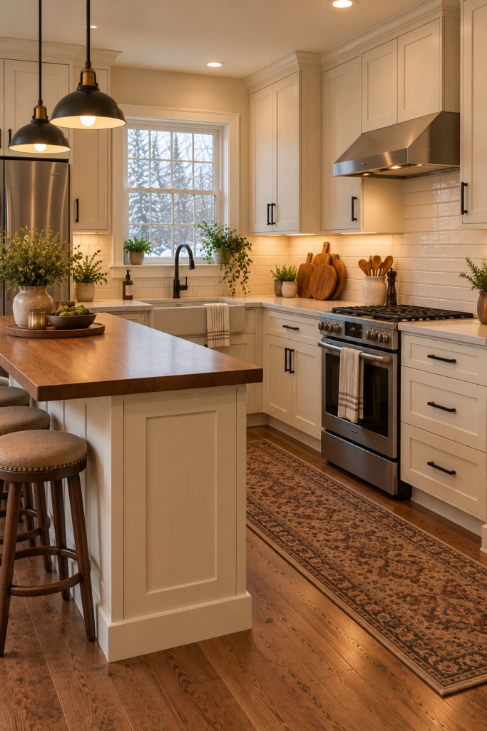 Warm cream subway tile backsplash paired with cream cabinets, walnut accents, and a light countertop.