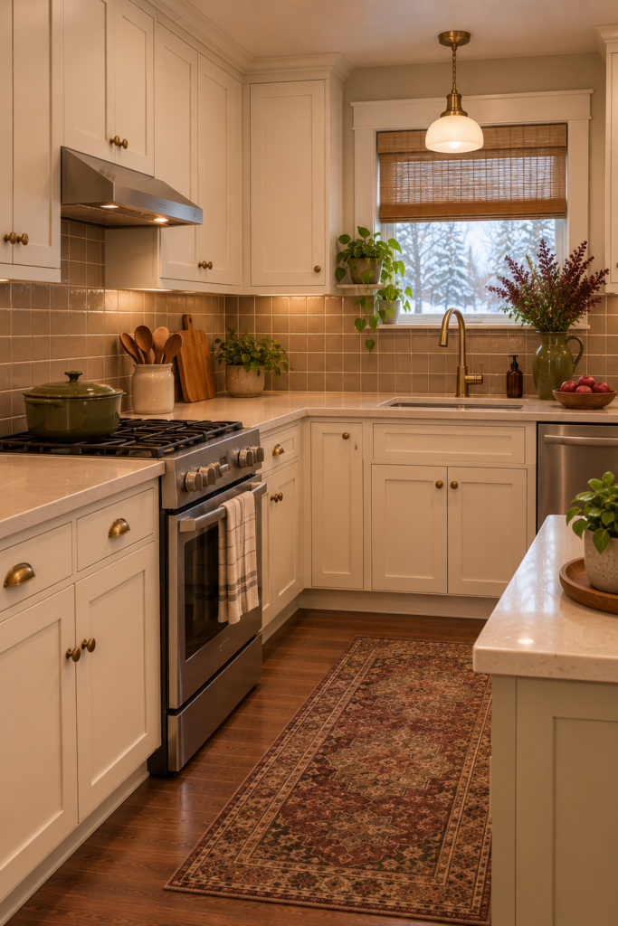 Mushroom taupe kitchen backsplash tile with cream cabinetry, walnut accents, and understated hardware.