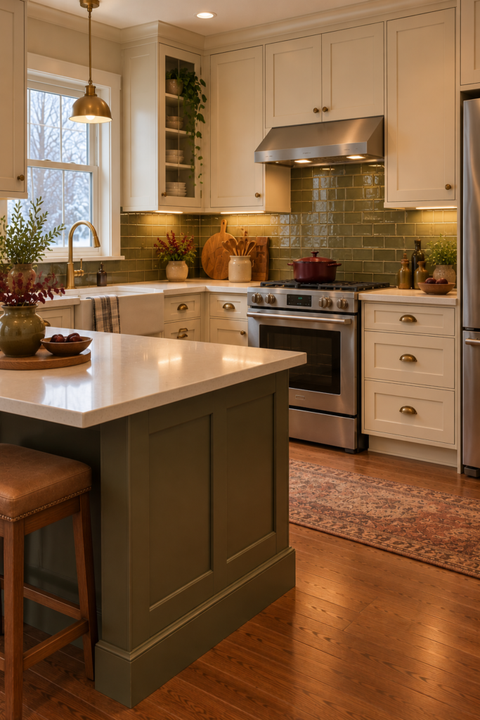 Muted olive square backsplash tile with warm cream cabinets, walnut accents, and a simple countertop.