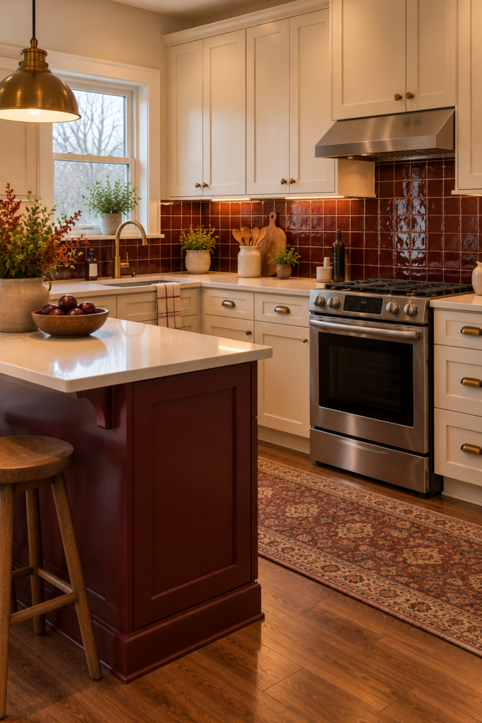 Deep burgundy backsplash tile in a kitchen with cream cabinets, walnut flooring, and warm neutral counters.