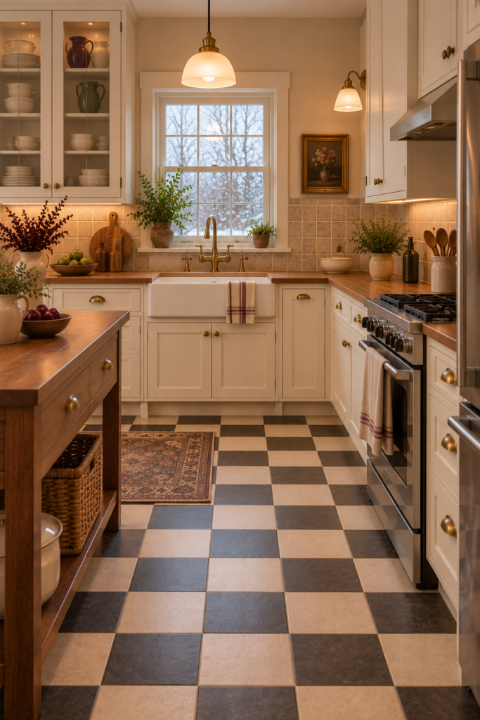 Charcoal and warm cream checkerboard kitchen floor tile with simple cabinetry and a restrained backsplash.