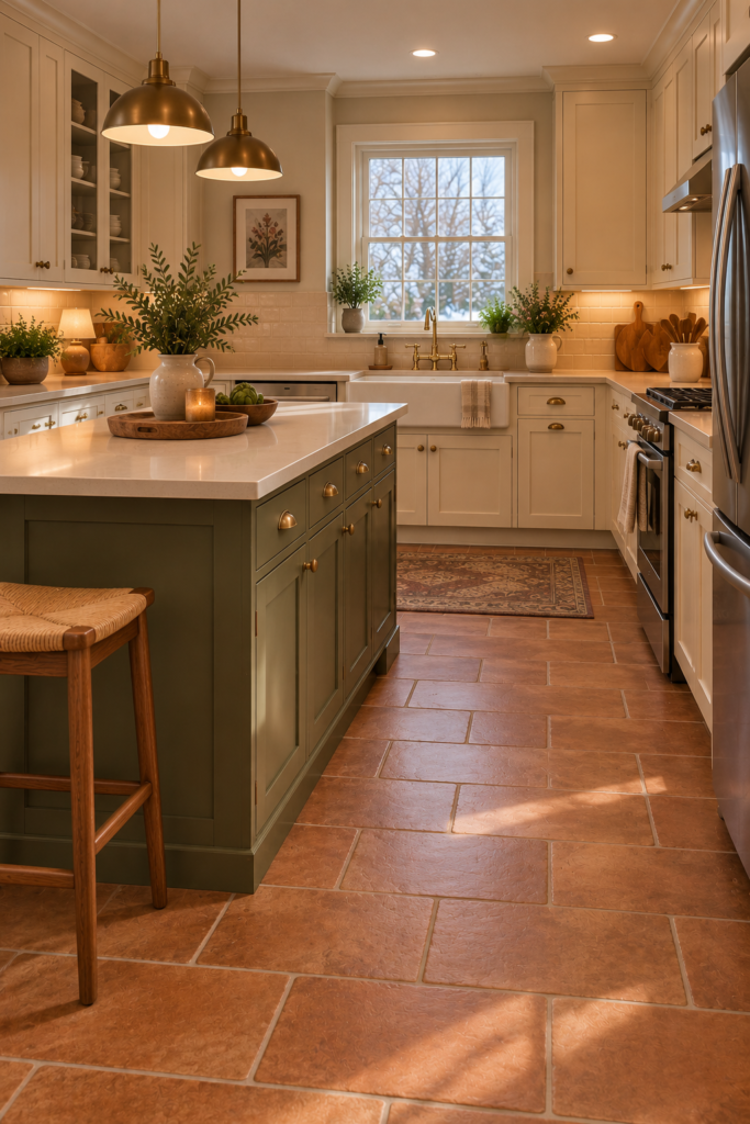 Terracotta-look kitchen floor tile paired with cream cabinets, muted olive accents, and natural wood.