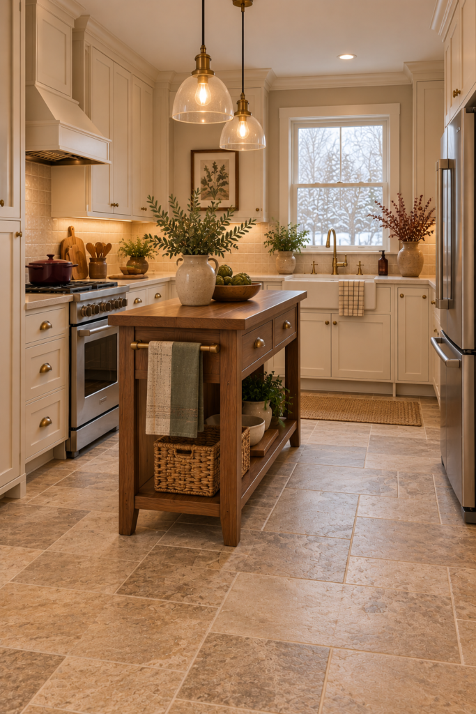 Warm stone-look kitchen floor tile in beige and mushroom tones with cream cabinets and walnut accents.