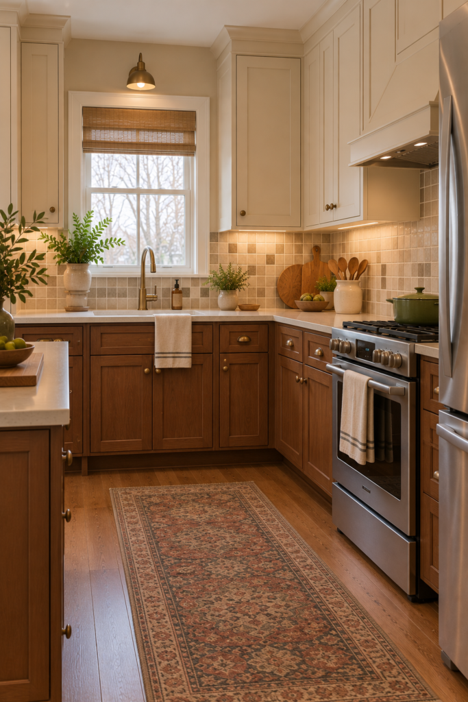 Small square kitchen backsplash tiles in warm cream with coordinated grout and simple cabinetry.