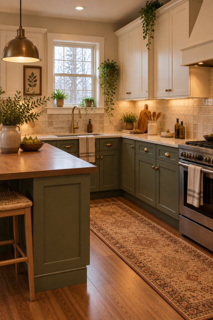 Warm cream zellige-style backsplash tile with subtle glaze variation, walnut accents, and muted olive cabinetry.