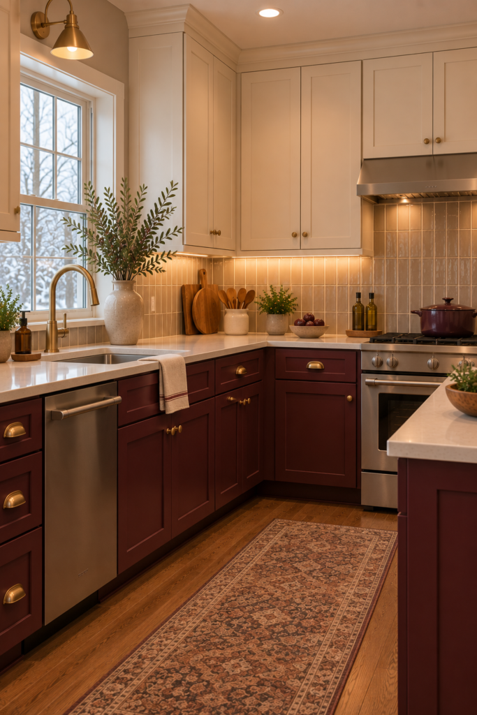 Vertical rectangular kitchen backsplash tile in mushroom or cream with contrasting lower cabinets.
