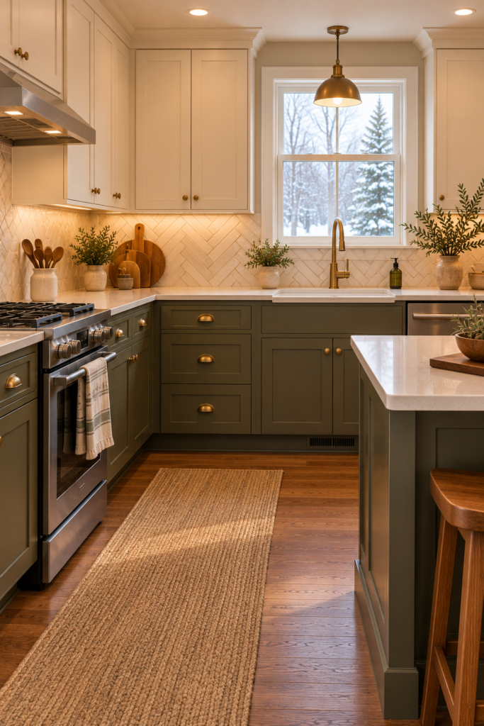 Warm cream herringbone kitchen backsplash with subtle grout and plain cabinet fronts.
