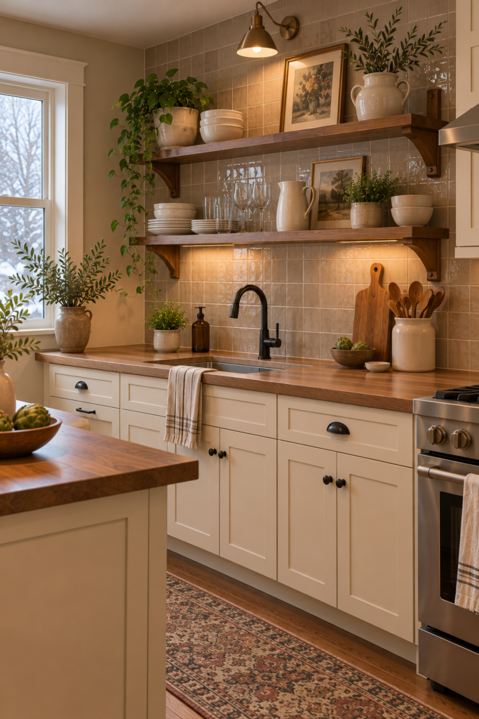 Warm cream tile behind securely supported walnut open shelves displaying a few kitchen dishes.