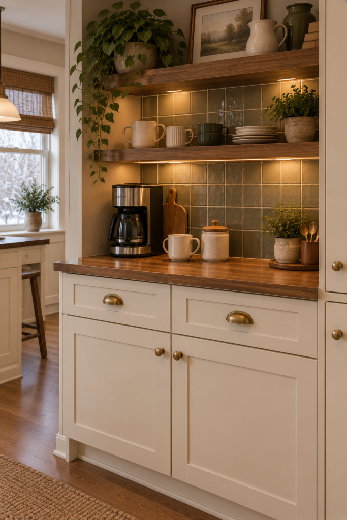 Kitchen coffee station with a muted olive tiled backsplash, walnut tray, and neatly arranged coffee accessories.