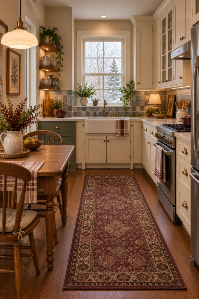 Cottage kitchen with cream or muted blue-gray backsplash tile, painted cabinets, and a wood table.