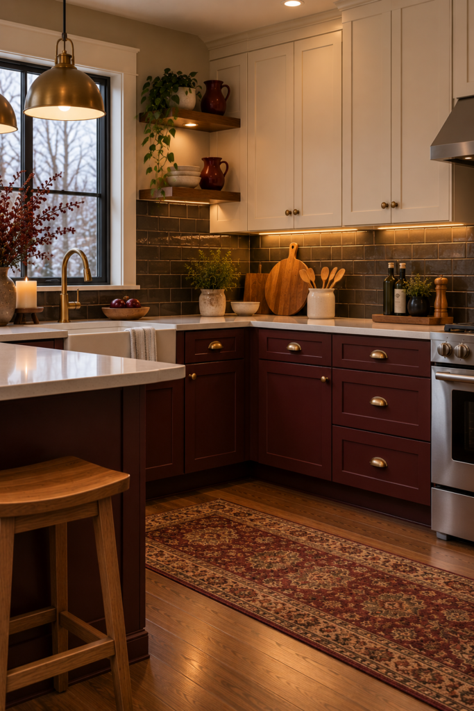Dark charcoal kitchen backsplash tile paired with warm cream countertops, walnut accents, and deep-colored cabinets.